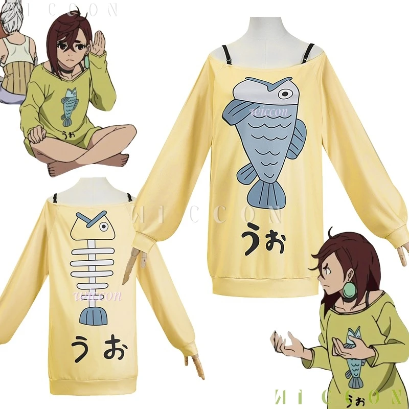 Аниме Cos Momo Ayase Косплей Костюм Парик Аниме Dandadan Рыба Логотип Забавный Желтый Негабаритный Толстовка с заниженными плечами Хэллоуин Часть