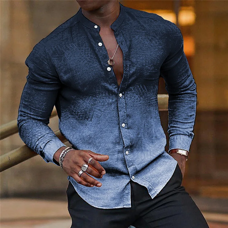 2026 Spring Autumn New Men's Gradient Stand Collar Long Sleeve Shirt Casual Slim Fit Fashion Streetwear Daily Tops