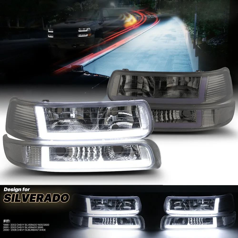 

4PC Smoke Headlight+Bumper Signal [LED RUNNING LIGHT BAR]for 1999-2006 Silverado