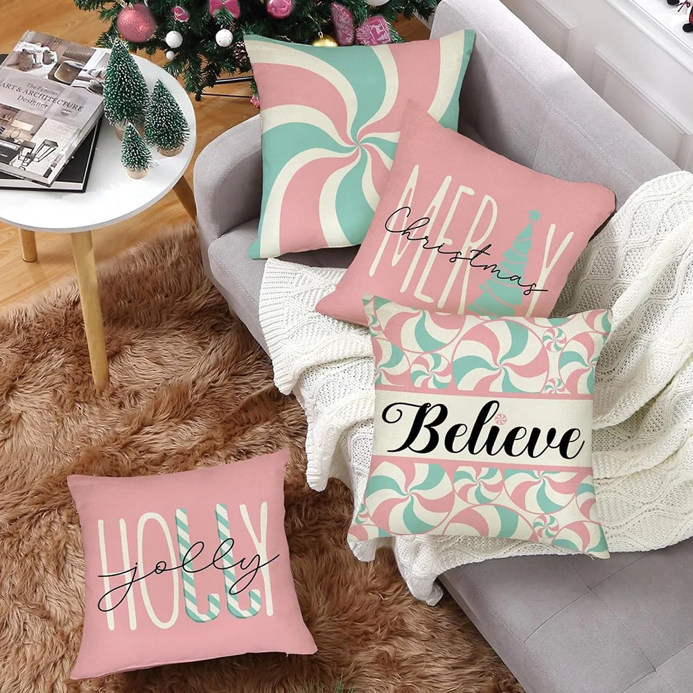 Fundas de almohada navideñas rosas: Merry, Believe, Holly Jolly con sofás con patrones de bastón de caramelo, fundas de