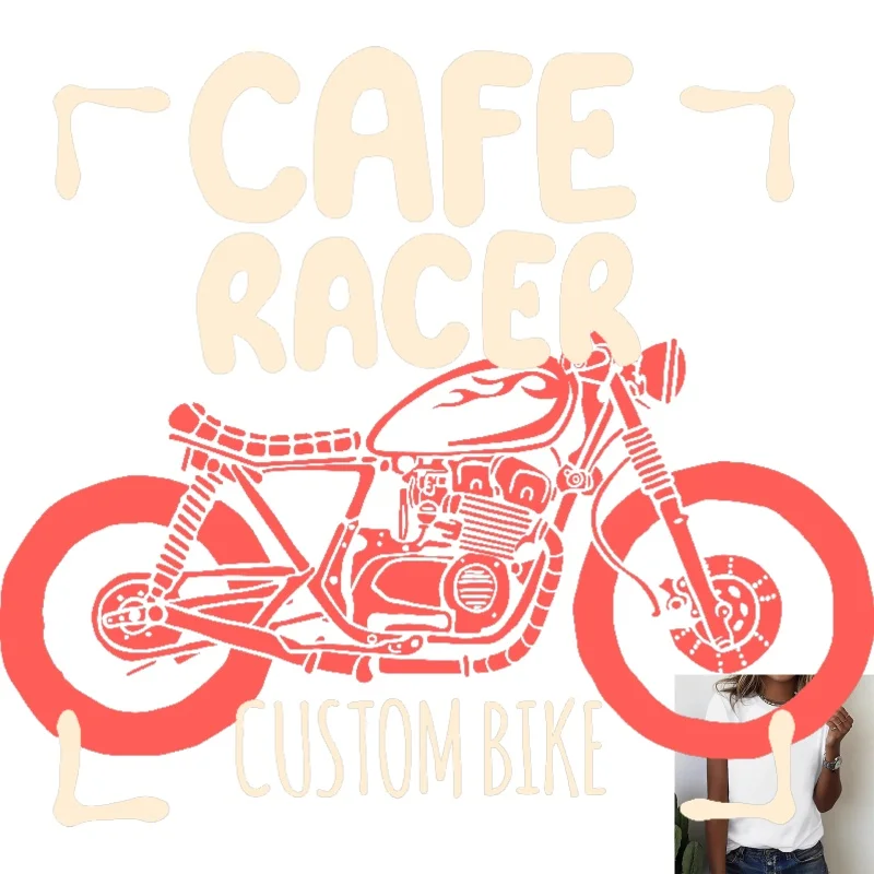 Retro Cafe Racer Custom Bike Heat Transfer White Ink Iron - on Patch, Cool Motorcycle Pattern, Suitable for T - shirts, Canvas