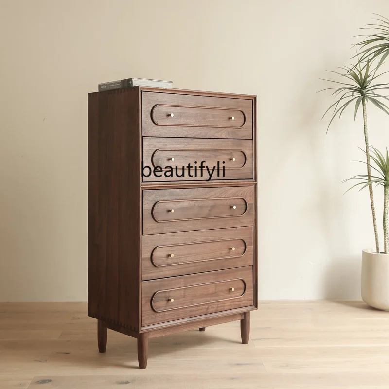 

A Retro Black Walnut Five-Drawer Wooden Chest of Drawers Pure Solid Wood Storage Cabinet