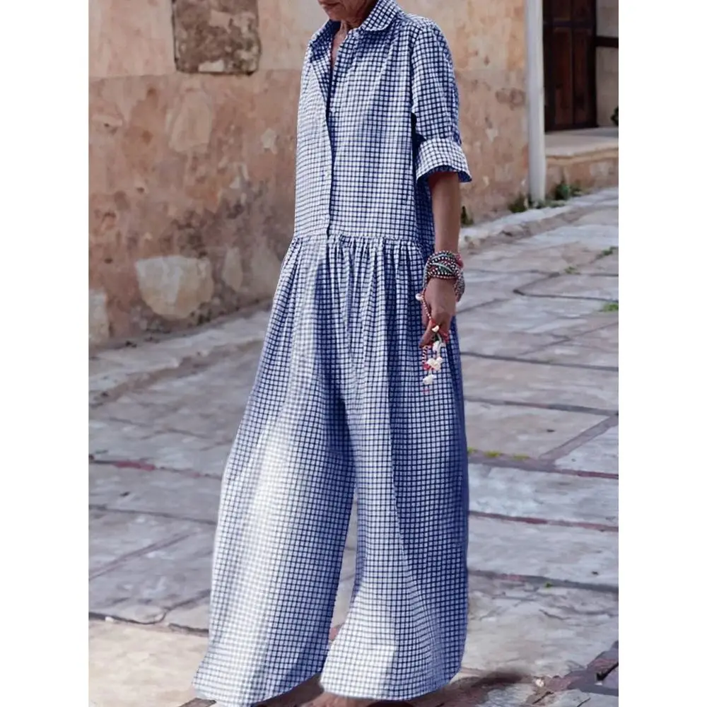 2024 Women's Jumpsuit Spring/Summer Clothing Full Body Loose Fit Long Sleeve Jumpsuit Plaid Elegant Dress Casual Pants