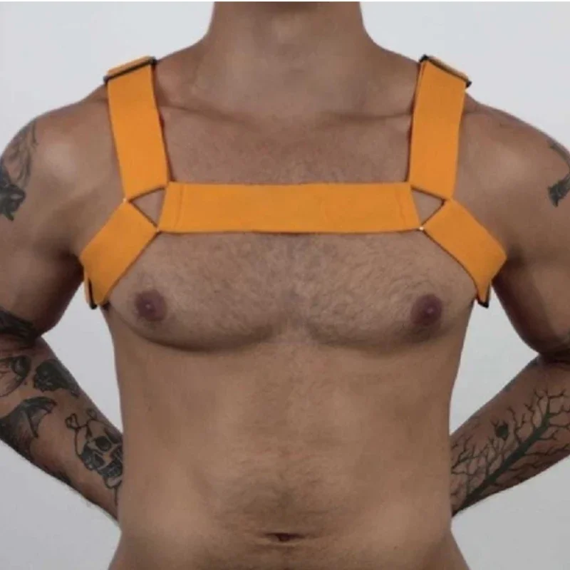 Fluorescent Color Male Elastic Band Harness Men Sexy Shoulder Straps Chest Bondage Muscle Club Party Hollow Costume XS3468