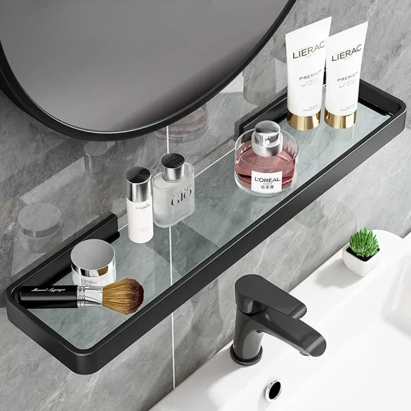 

Simple Bathroom Shelves Nordic Wall Mounted Rack No Punching Glass Partition Mirror Front Storage Modern Shower Shelf Organizer