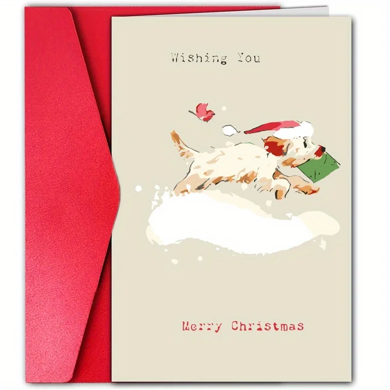 1szt, Happy Christmas Time Card, Wesoła i jasna świąteczna karta, kartka świąteczna, zabawny pies z kartką świąteczną z literą
