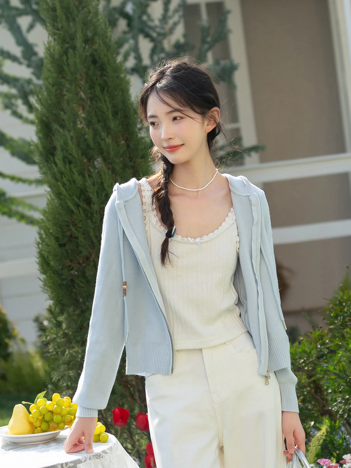 

Blue ort Knitted Cardigan Women's Double Zipper Hooded Sweater Spring 2026 New Korean Sle Soft Polyester Blend Long Sve