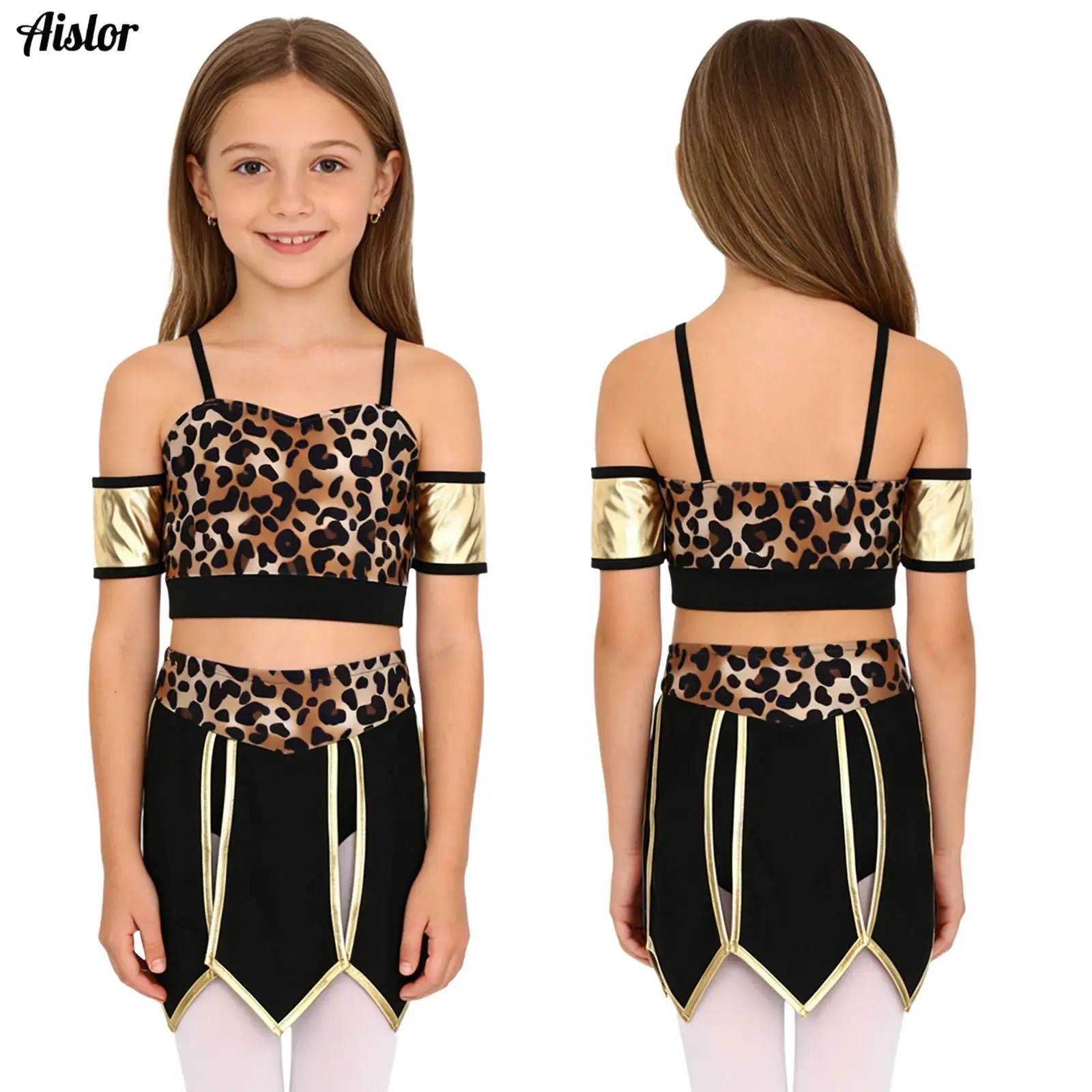 

Kids Girls Prehistoric Cave Stone Halloween Carnival Savage Cosplay Costume Leopard Print Tank Top And Skirt 2 Pieces Sets