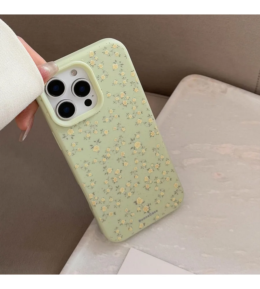 Light Green Tiny Yellow Rose Floral Phone Case For iPhone 12 13 14 15 16 17 Matte Ditsy Flower Soft Silicone Anti Drop Cover