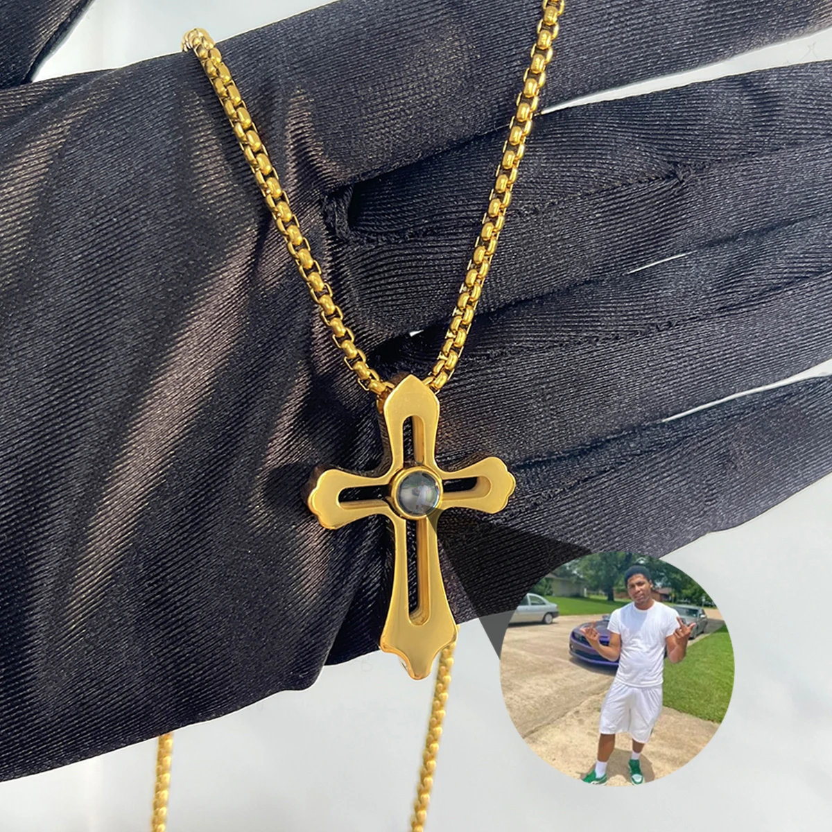 Stainless Cross Photo Custom Projection Necklace with Your Picture Family Memory Pet Projection Pendant Valentine's Day Gift