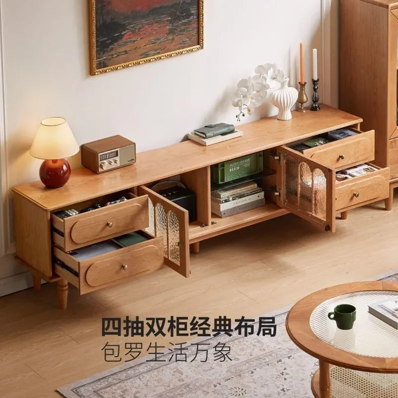 French Retro Solid Wood TV Stand Boxwood Cherry Media Console Floor Cabinet Living Room Storage Furniture