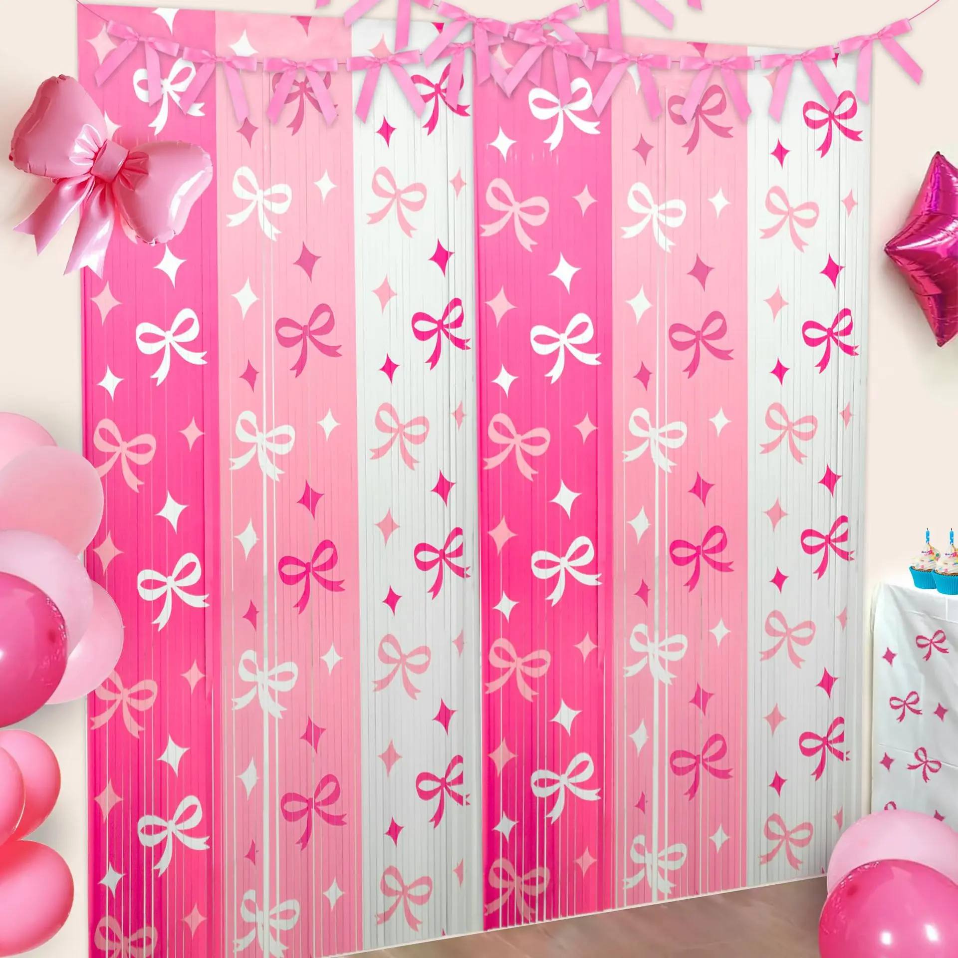 Bow Room Darkening Blackout Curtain Pink White Bow Curtains for Bedroom Living Room Cute Bowknot for Wedding Birthday Party