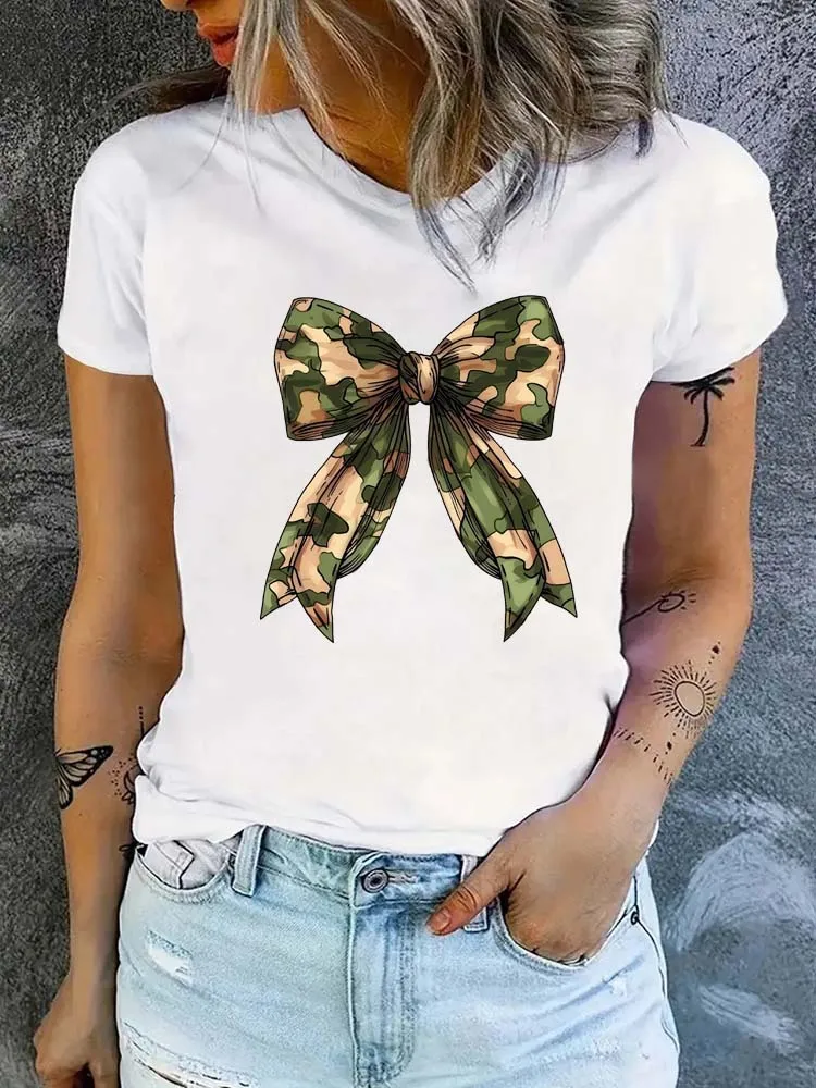 Summer New 90s Leopard Print Bow Short Sleeve Print Clothing Women's T-Shirt Harajuku Graphic Clothing Women's Top Tee