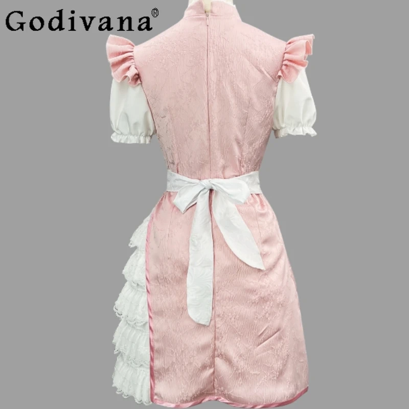 Chinese Style Improved Role Play Dress Women's National Style Maid Pink Dress Female Summer Cheongsam Cosplay Dress