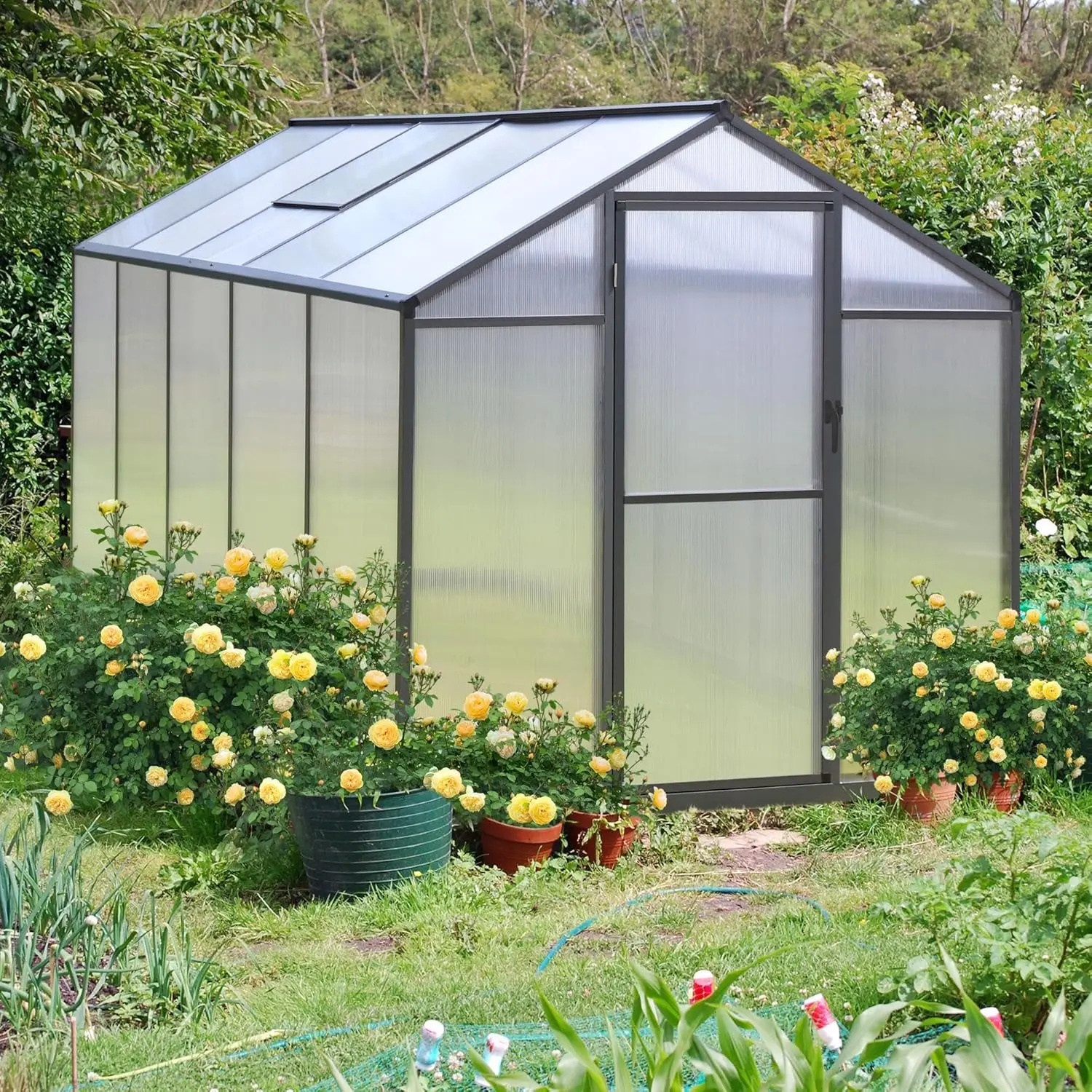 

6x10 ft Outdoor Polycarbonate Greenhouse, Walk-in Garden Green House with Sliding Lockable Door & Adjustable Roof Vent