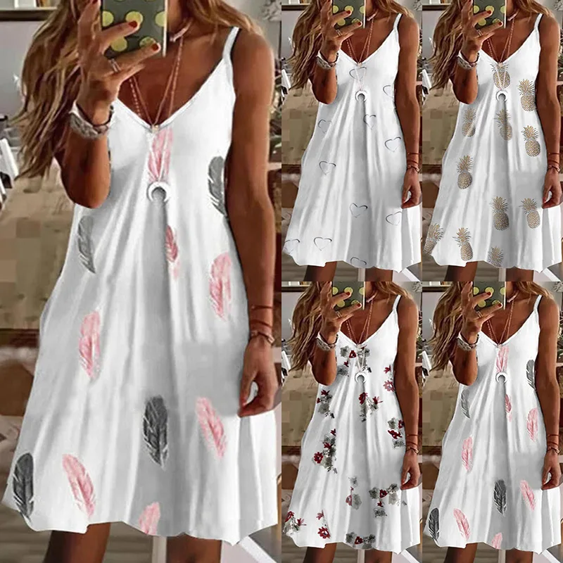 

2025 Summer New Women's Clothing Sexy V-neck Loose Printing Suspender Dress
