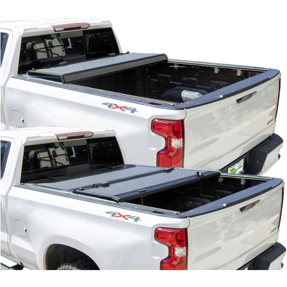 غطاء شاحنة صلب منخفض الطي ثلاثي الطي قابل للطي لسرير تونيو 2019-2025 تشيفي سيلفرادو/جي إم سي سييرا 5 بوصة 8 بوصة (69.6 بوصة)