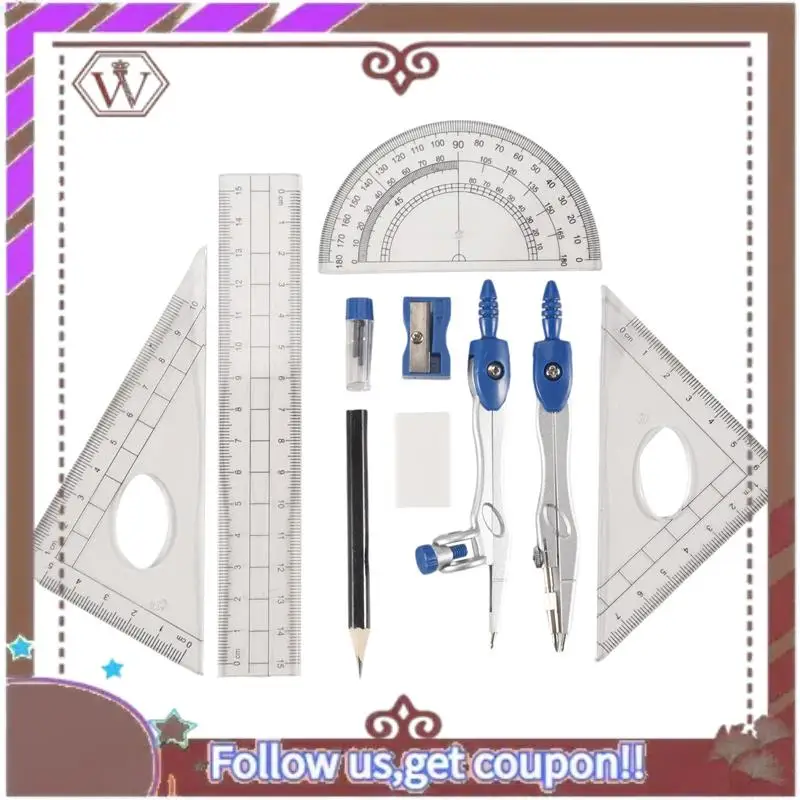ชุดเรขาคณิตคณิตศาสตร์ 10 ชิ้นล่าสุดชุดอุปกรณ์นักเรียนสําหรับการร่างและการวาดภาพพร้อมกล่องเก็บของกันแตก