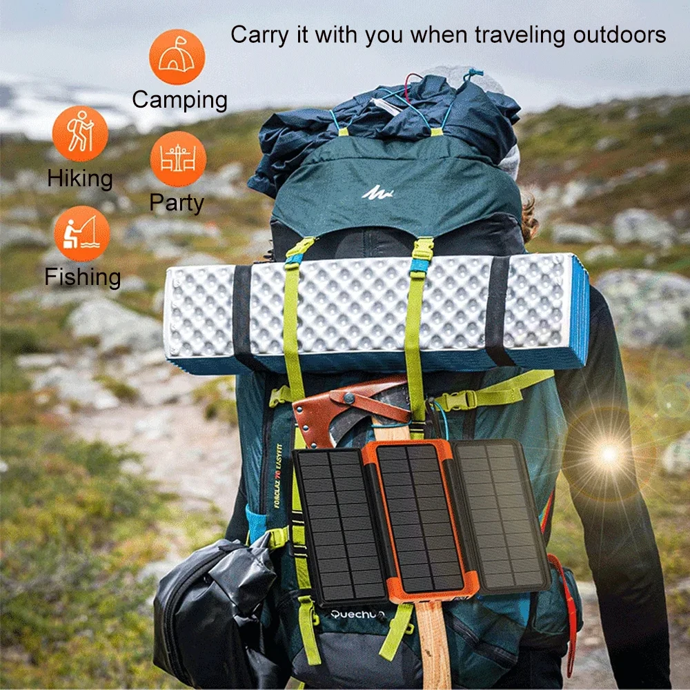 Portable 10000mAh 20000mAh Solar Power Bank Foldable Solar Charger Power Bank USB Wireless Charging Camping Emergency Energy LED