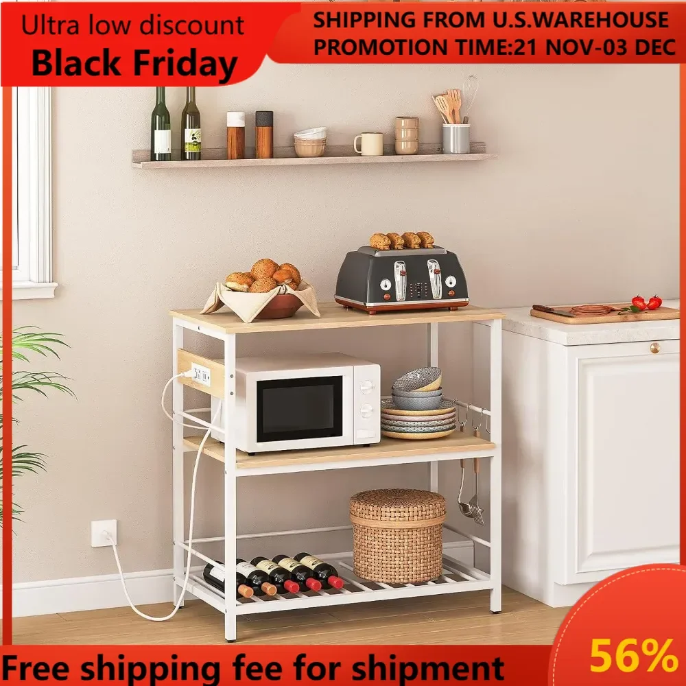 

Kitchen Island with Storage, Kitchen Island Table with Power Outlet, 3 Tier Coffee Station and Microwave Stand, for Home,