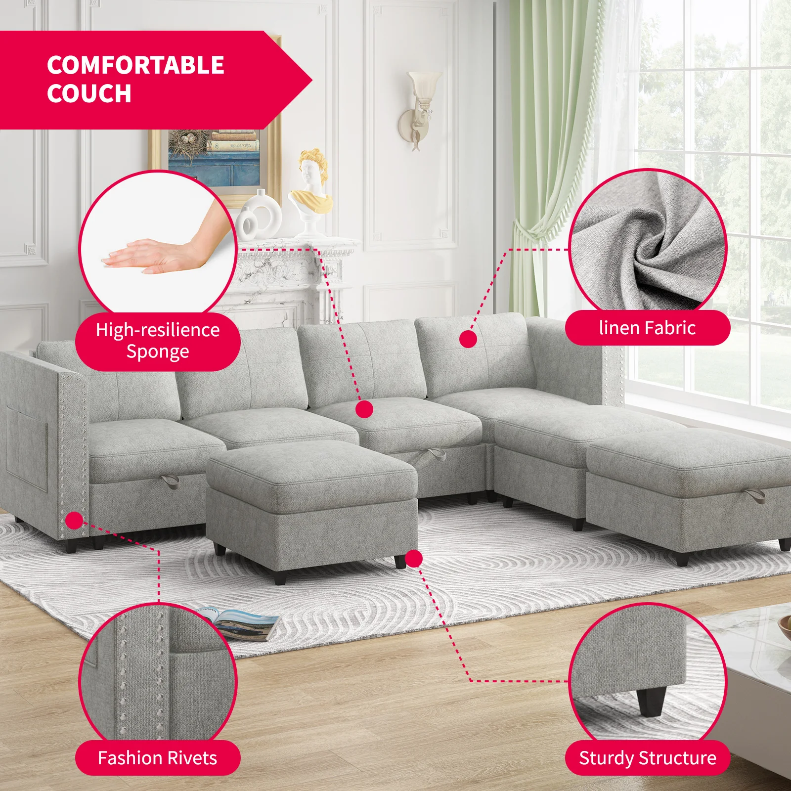 Modular Sectional Sofa with Storage Ottomans, Convertible Sofa Couch with 3 Movable Ottomans, 7 Seater Oversized Sleeper Couch f image 5