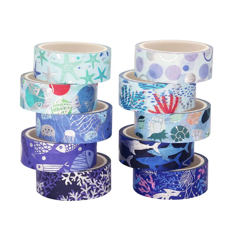 Imagem -05 - Oceano Azul Dourado Washi Tape Grupo Scrapbooking Faça Você Mesmo Jornal Papelaria Fitas de Mascaramento Arte Deco Suprimentos Etiqueta do Presente 10 Pcs por Conjunto