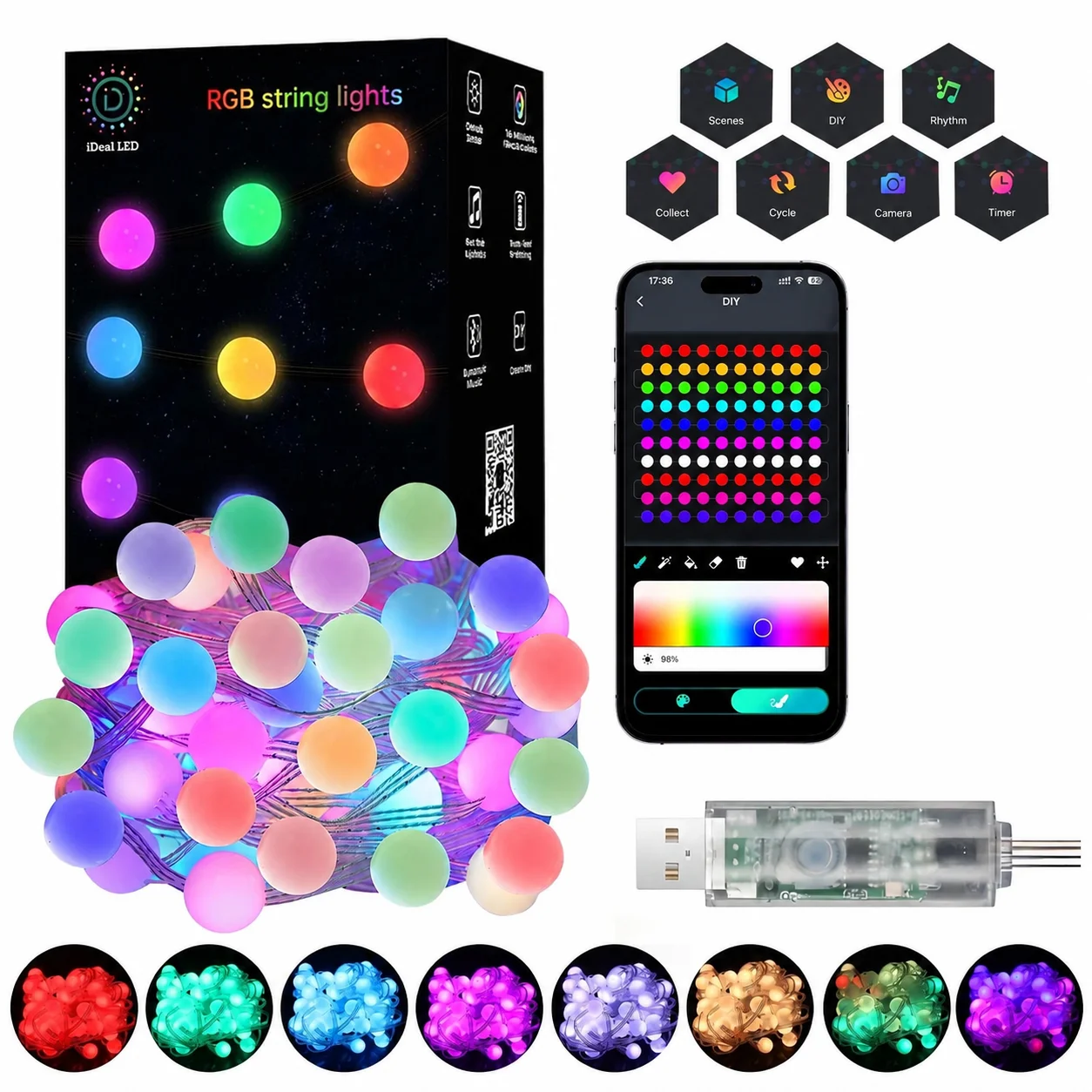 10M Bluetooth RGB Ball Fairy String Lights USB Powered APP & Remote Control Music Mode Timer Waterproof Decorative Globe Lights