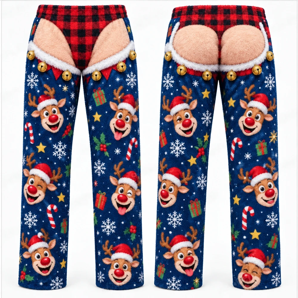 Funny Fake Leopard Thong Waist Christmas Pajama Pants, Novelty Xmas Tree Snowflake Print Lounge Pajama, Prank Gift Trousers