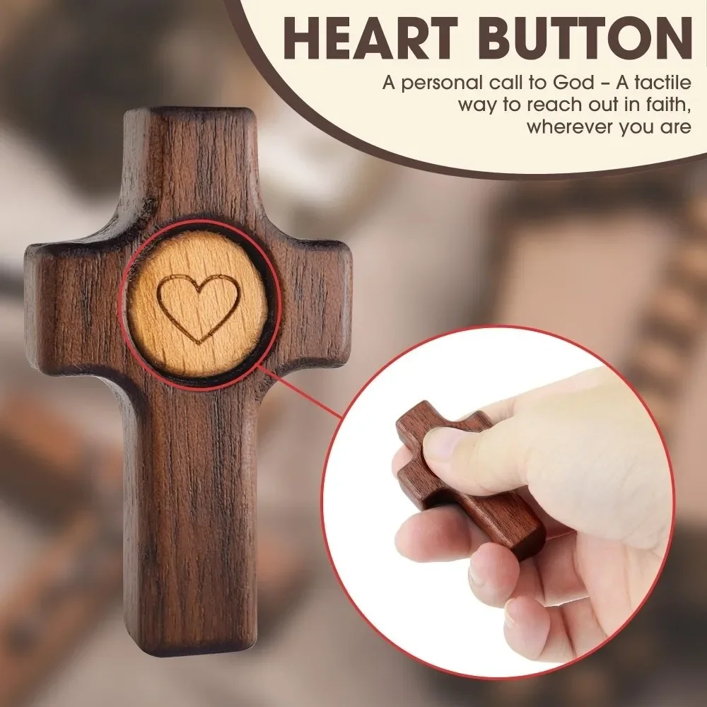 Walnut Wood Wooden Cross Stress Relief Heart Pattern Handheld Crucifix Spiritual Symbols Multi-functional Pocket Cross Fidget