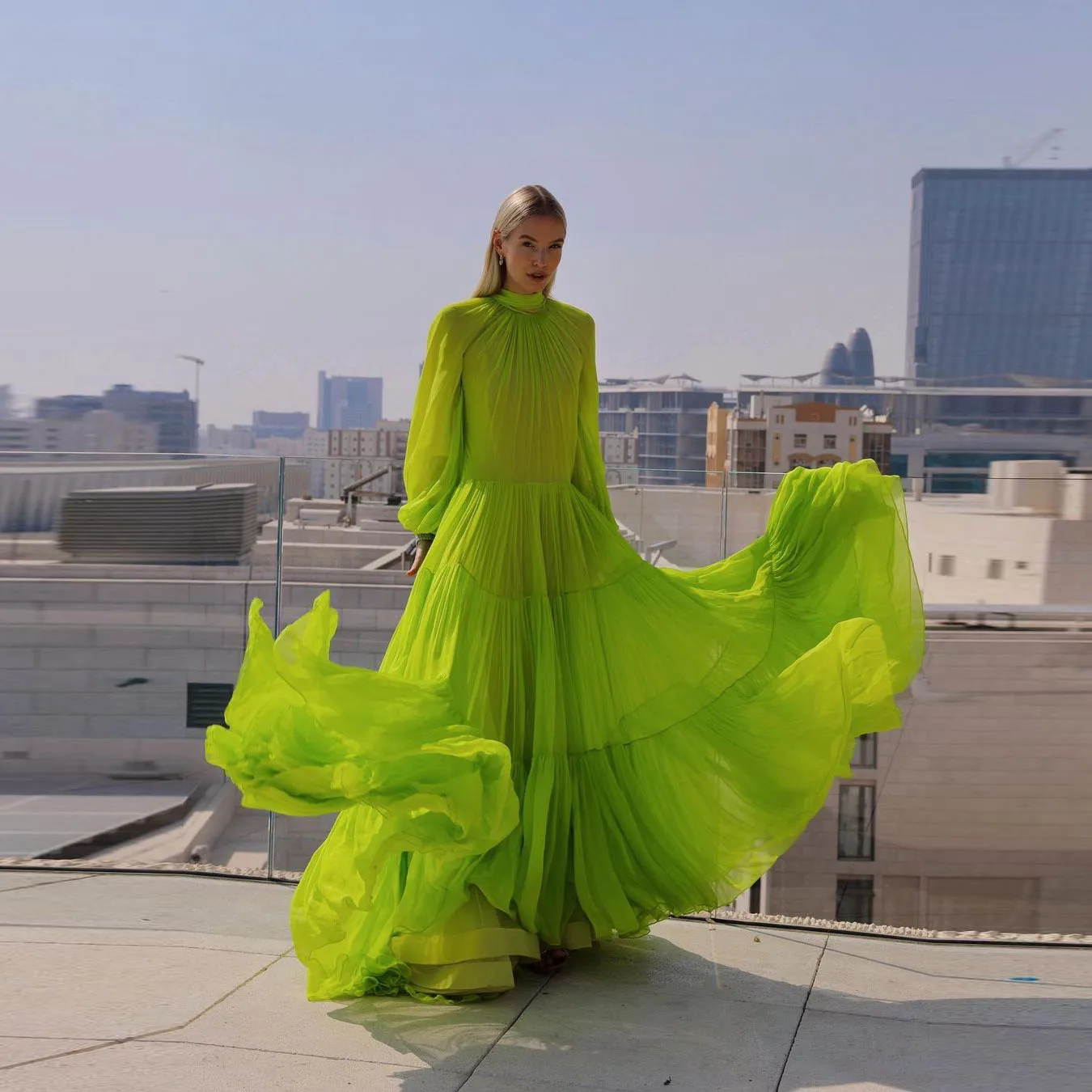 New Arrival Neon Green Prom Gowns Dresses Long Soft Tulle A Line Fashion 2022 Party Dress Flare Sleeve Lush No Lining