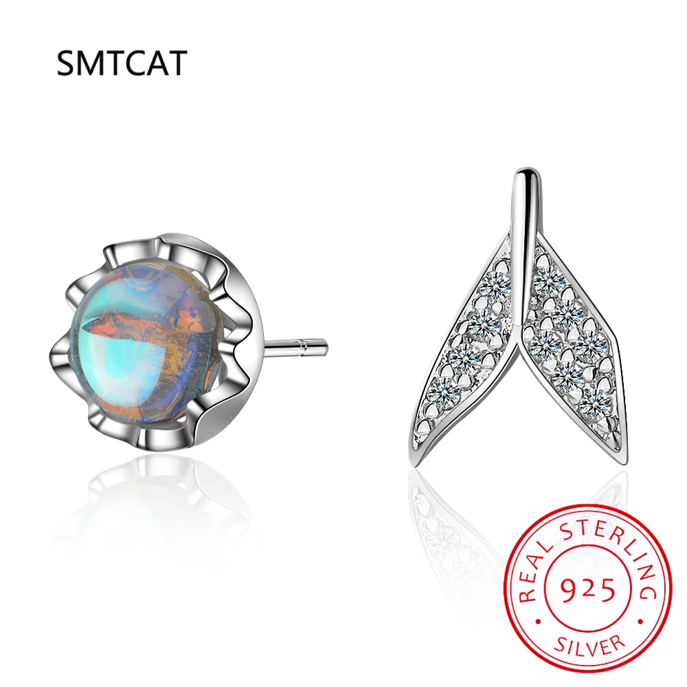 925 Sterling Silver Moonstone Asymmetry Bubble Mermaid Fish Tail Stud Earrings For Women Cute Fine Jewelry Sea Decoration Summer
