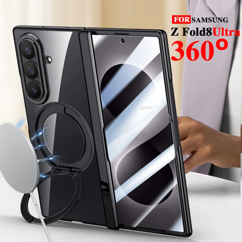 Clear Plating Stand Cases For Samsung Z Fold 8 Ultra 2026 5G Magnetic Flip Glass Srceen Protector Transparent Cover With Holder