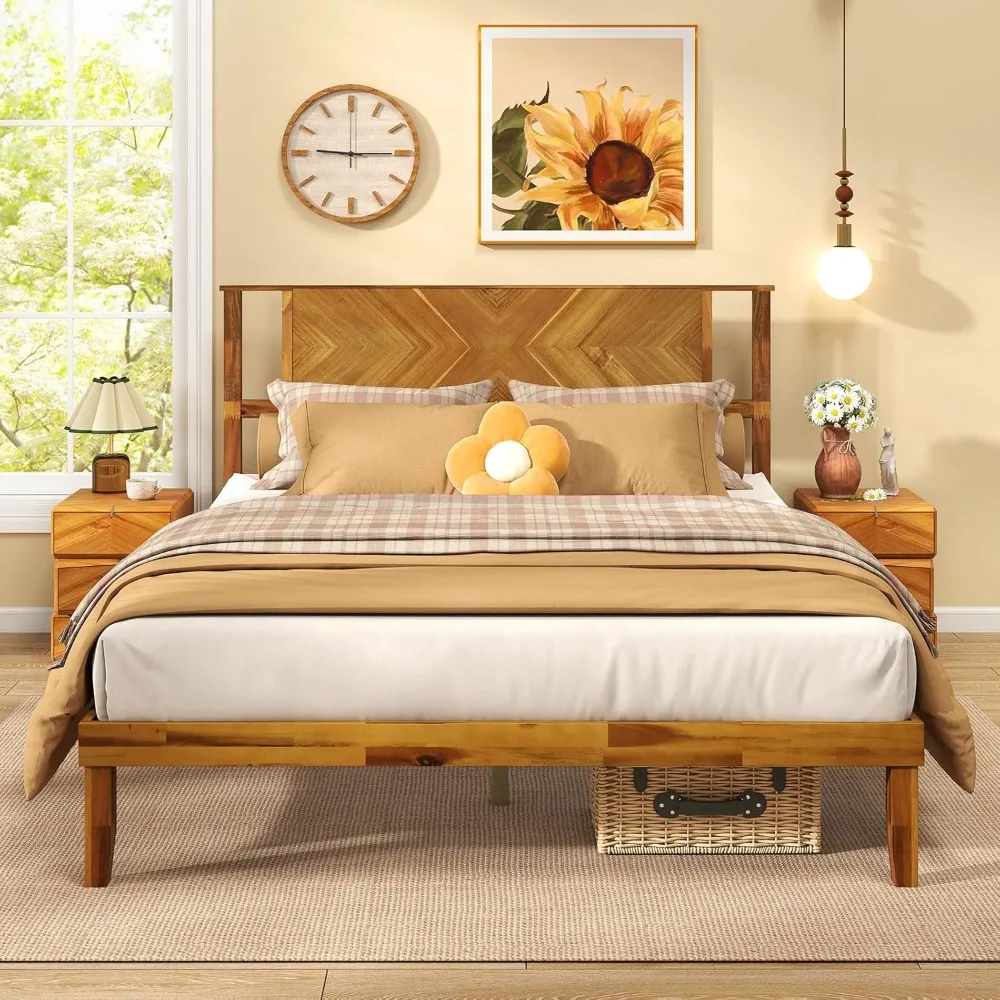 

Queen Size Acacia Wood Platform Bed Frame, Mid-Century Modern Bed Frame with Headboard, Wooden Slats Support, Under-Bed