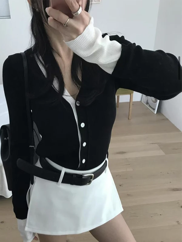 

Chic Knitted Slim Fit Long Sve Women's Open Cardigan Single Button Design Trendy Commute Sle V-Ne Regular Length