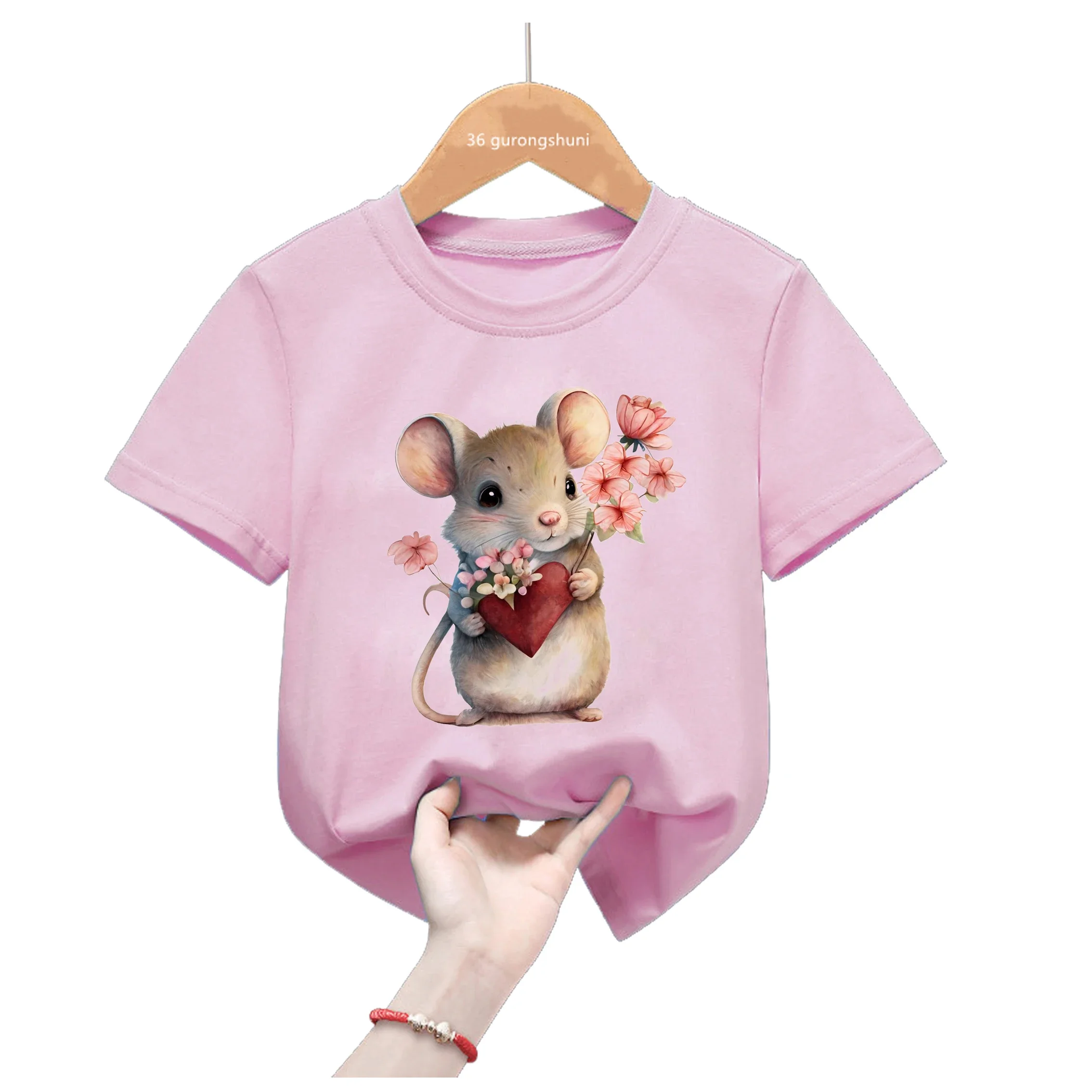 

Cute Mouse Flowers Print T Shirt For Girls Lion/Dolphin/Koala/Duck/Bee/Bunny Animal Print Tshirt Summer Kids Clothes T-Shirt