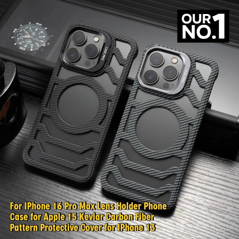 

For IPhone 16 Pro Max Lens Holder Phone Case for Apple 15 Kevlar Carbon Fiber Pattern Protective Cover for IPhone 13