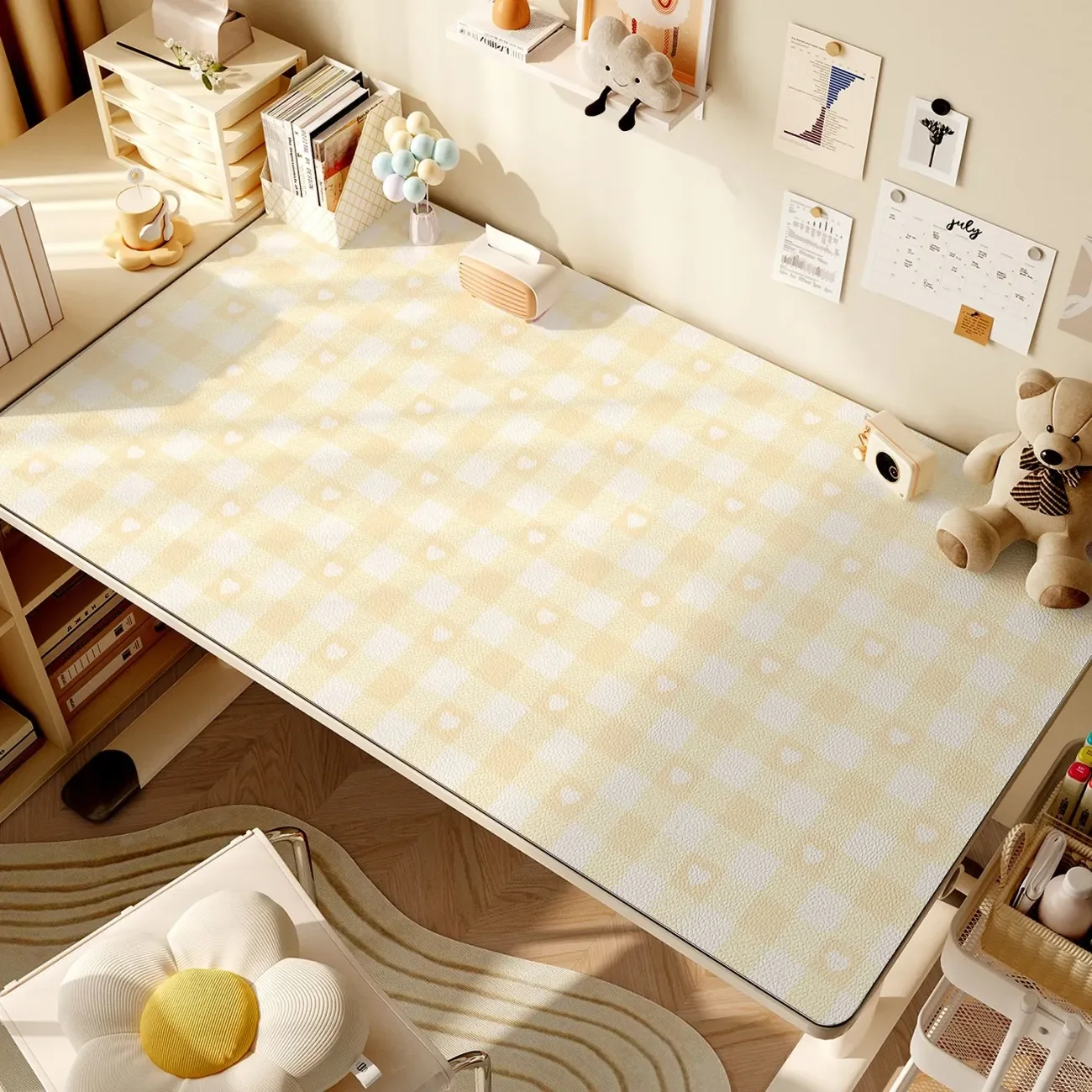 Leather Desk Pad Protector Grid Love Heart Y2K Kawaii Mouse Pad Office Desk Mat Waterproof Non-Slip PU Desk Blotter Pad