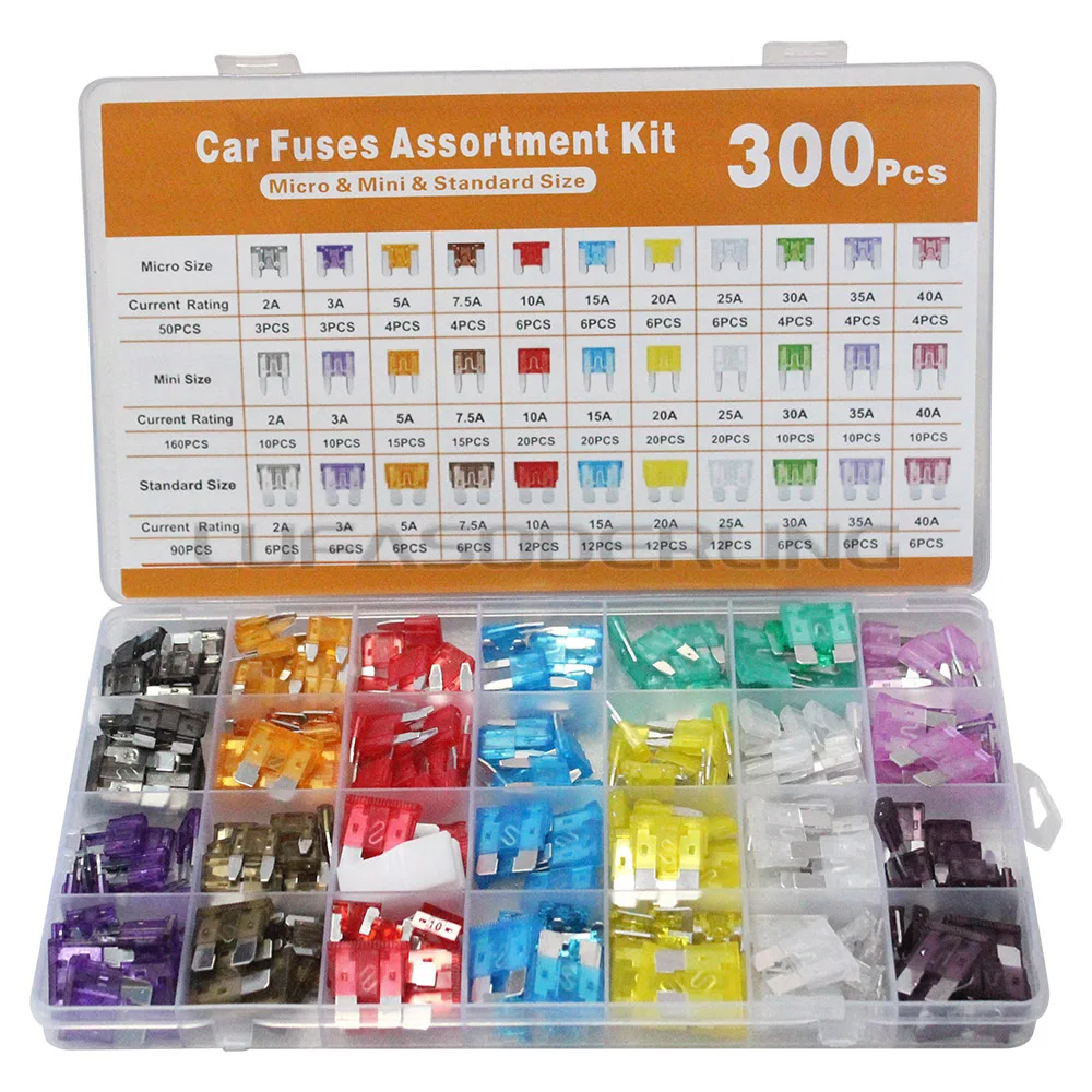 300Pcs Car Fuse Assortment Kit, 160 Mini+90 Standard+50 Micro Blade Fuses w/ Puller (2A-40A), Aluminum Terminal Automotive Fuses