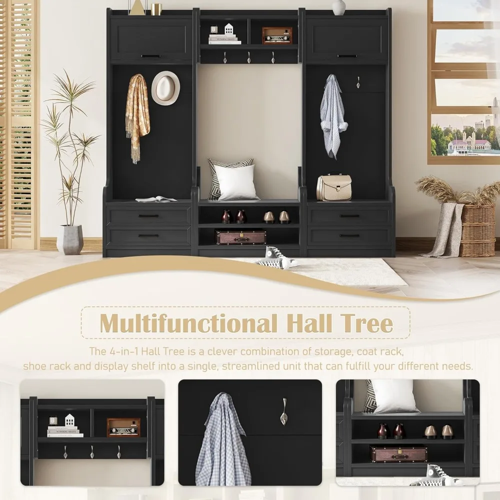 Wide Hall Tree with Storage Bench, Wood Coat Rack with 4 Drawers and 7 Hooks,  for Entryway Hallway, Black,clothes Racks