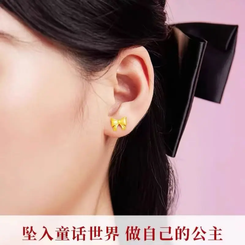 Fashionable and High-end 9999 24K Real Gold Women's Earrings, Runaway Princess Bow Earrings, Golden Sweet Bow Earrings