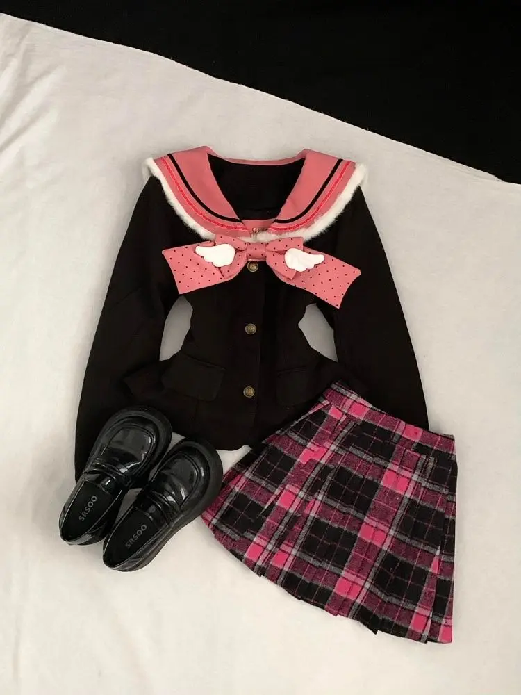

Новый винтажный комплект в японском студенческом стиле: топ с воротником-стойкой и бантом + плиссированная юбка в клетку, облегающий крой, в стиле Харадзюку