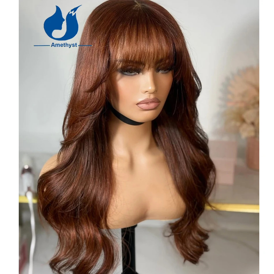 Amethyst Dark Orange Brown Human Hair Wig with Bangs Brazilian Remy Hair Full Machine Made Scalp Top Body Wave Wig for Women