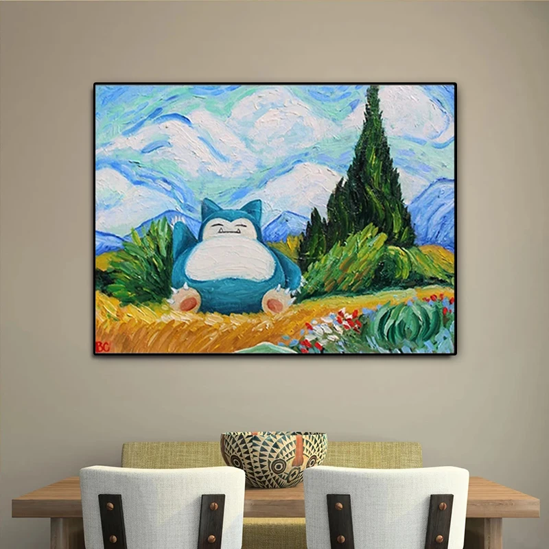 Pokemon Snorlax Van Gogh Print Wall Art Canvas Painting Poster Nursery Pokemon Snorlax Oil Picture Modern Living Room Decor