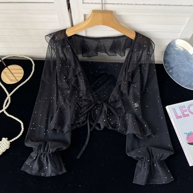 Blouse Women's Summer Bell Sleeves Cardigan Ruffles Tie-front Lightweight Shawl Collar New Comfortable Casual Minimalist Trendy
