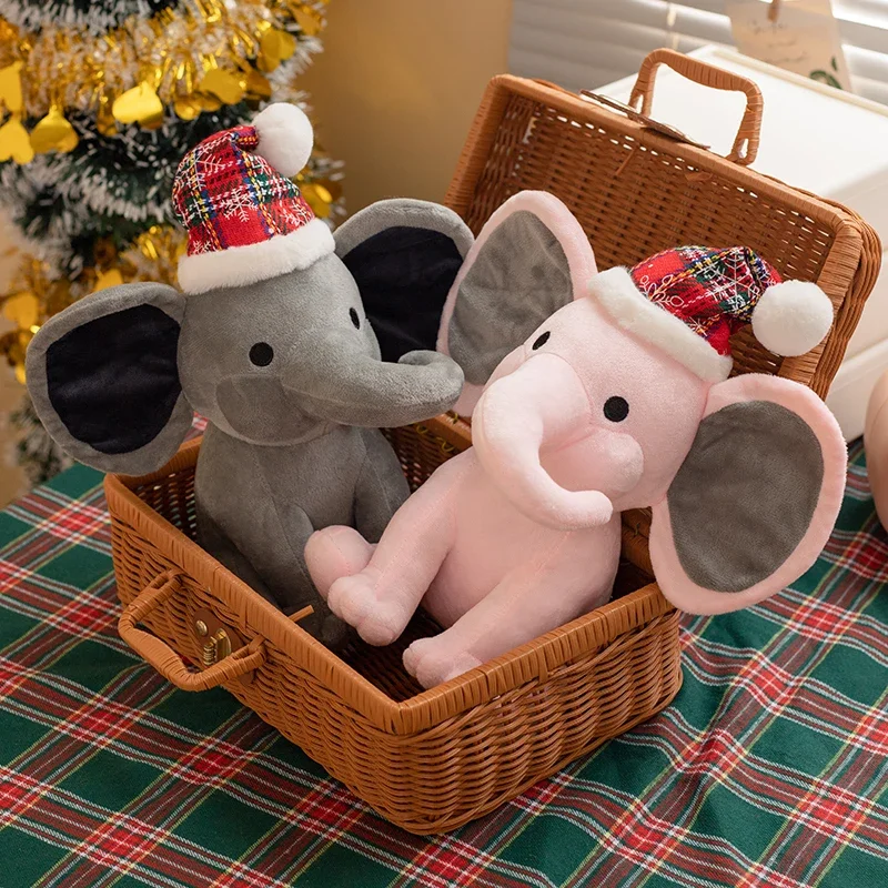 Peluche cartone animato elefante di Natale giocattoli di peluche soffice bambola elefante seduto che indossa un cappello da Babbo Natale dolce decorazione per feste in casa regalo carino