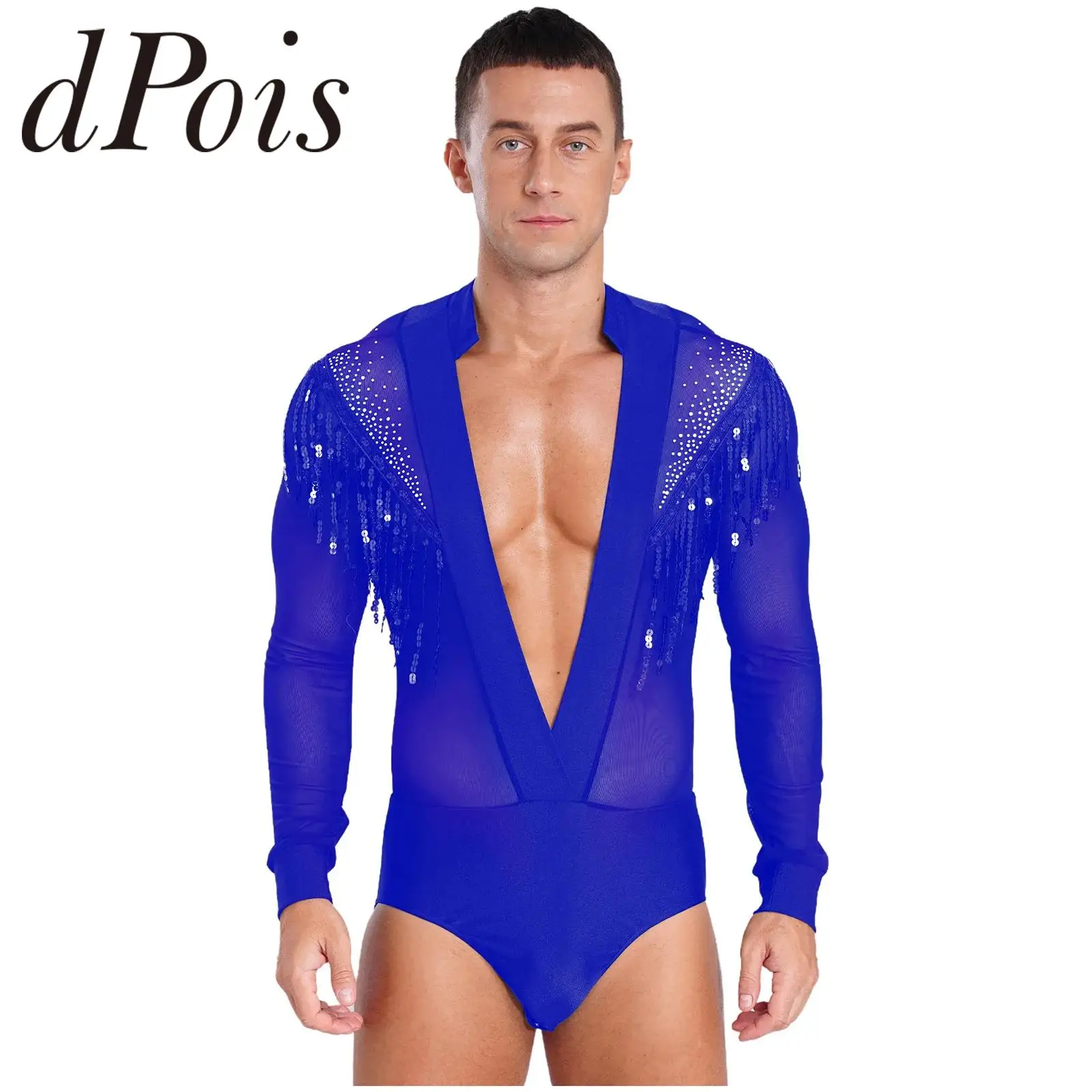 Men's Shiny Rhinestone V Neck Latin Dance Leotard Modern Jazz Rumba Chacha Ballroom Shirts Bodysuits Samba Salsa Tango Jumpsuit