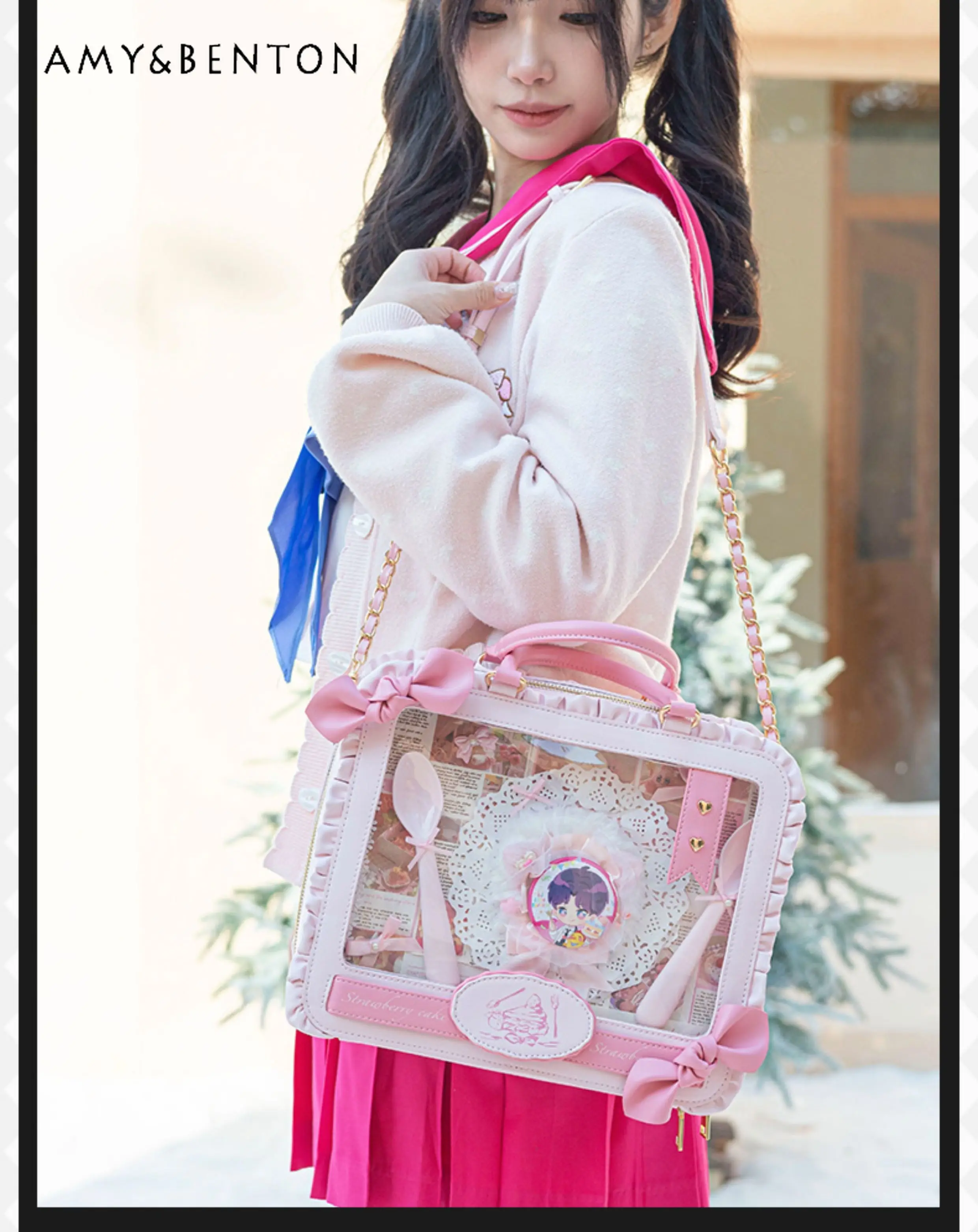 Original Two-dimensional Double Shoulder Itabag Cute Lolita Large-capacity Messenger Bag Japanese Sweet Bow Transparent Backpack