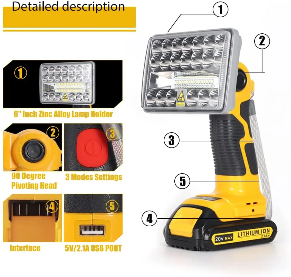 Luz de trabalho LED para Dewalt, 2000 Lumens, bateria de lítio 18V, projector interior e exterior, ferramentas de iluminação, DCB201 e DCB200