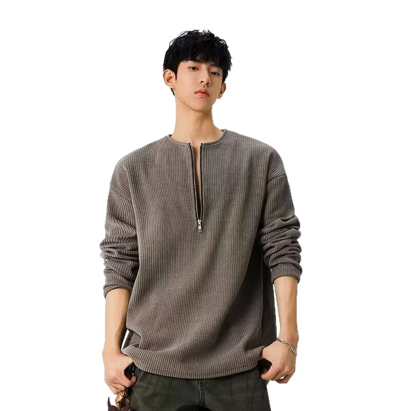 تي شيرت رجالي كاجوال بنصف سحاب وأكمام طويلة من العلامة التجارية الأمريكية الرجعية #4