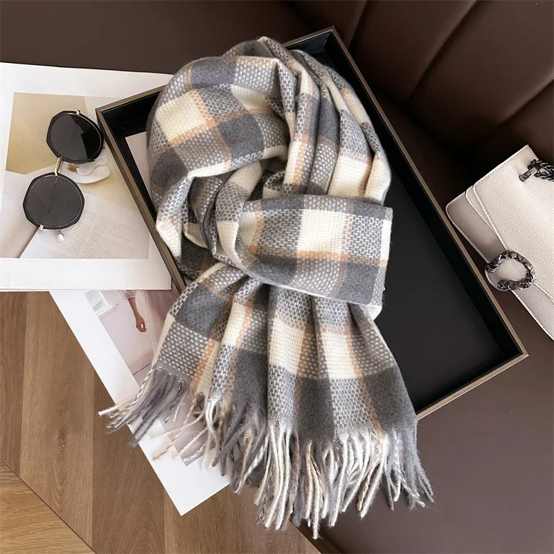 2024 Cashmere Imitation Scarf Female Male Winter Scarves Korean Checker Thickened Students Autumn Unisex Fashion Neck Warm Shawl